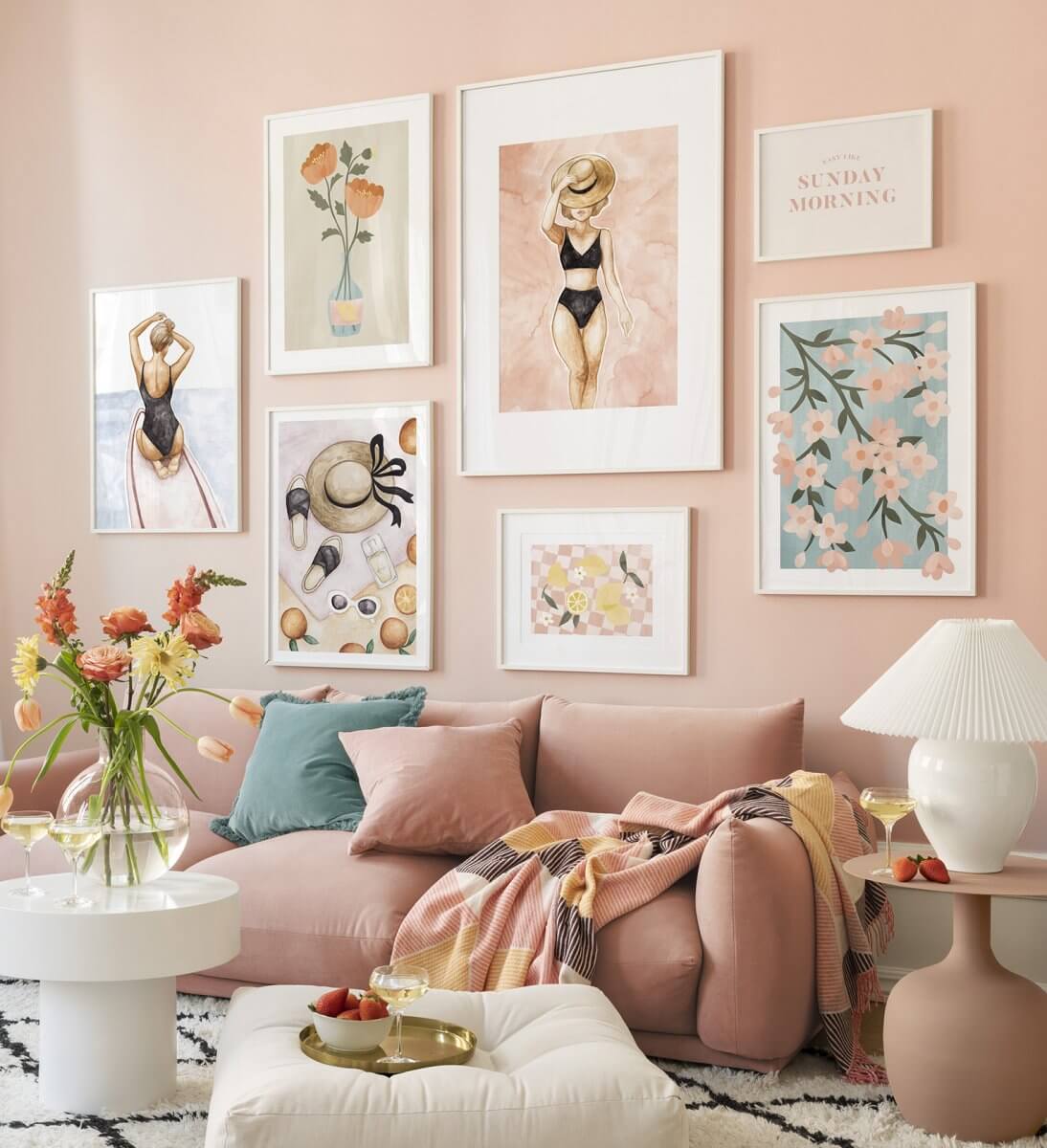 Pantone Color of the Year 2024 Home Decor Inspiration 38 living-room-gallery-walls-peach-nordroom