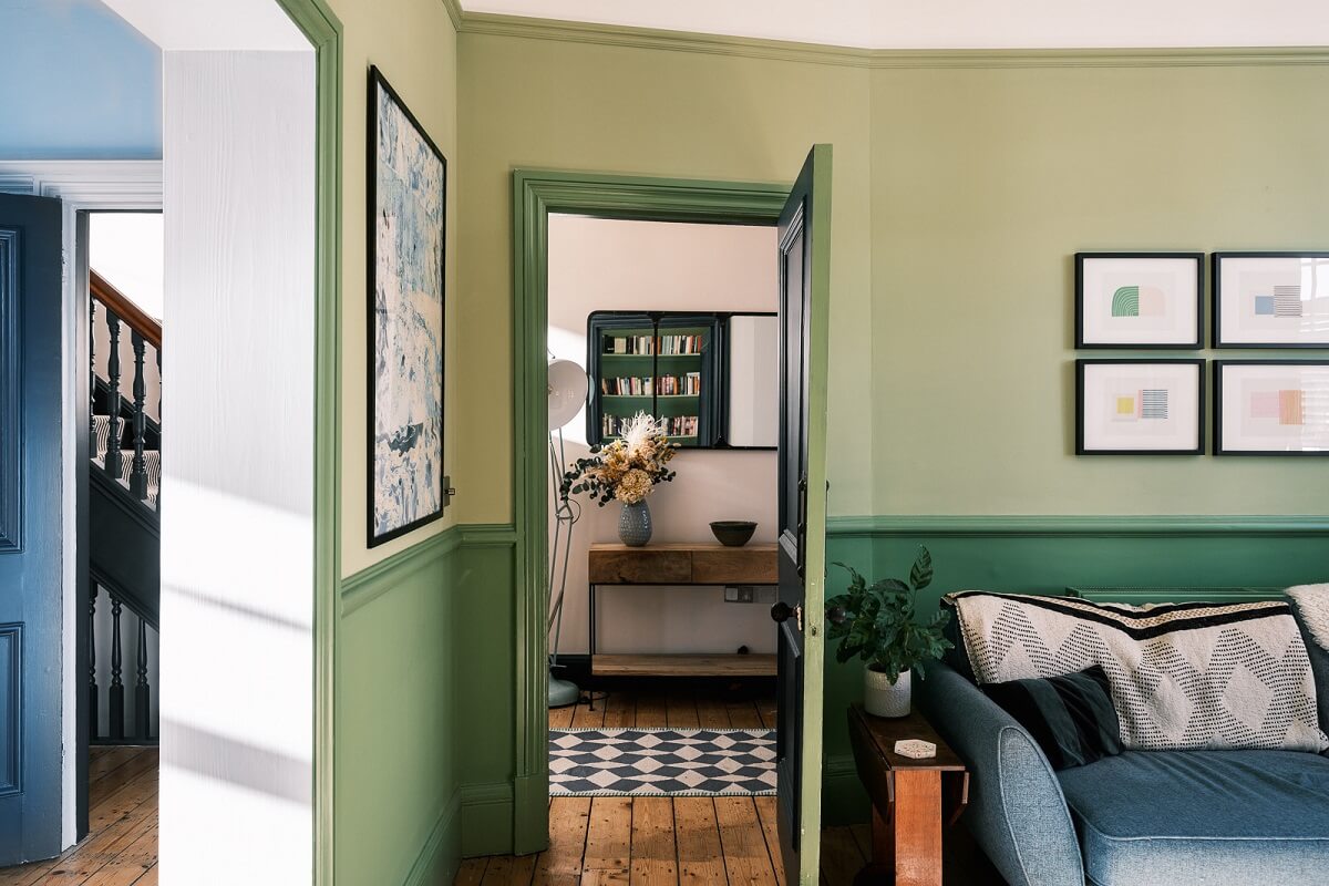 Playful Colors in a Historic Home in Kent 3 living-room-two-tone-green-walls-nordroom
