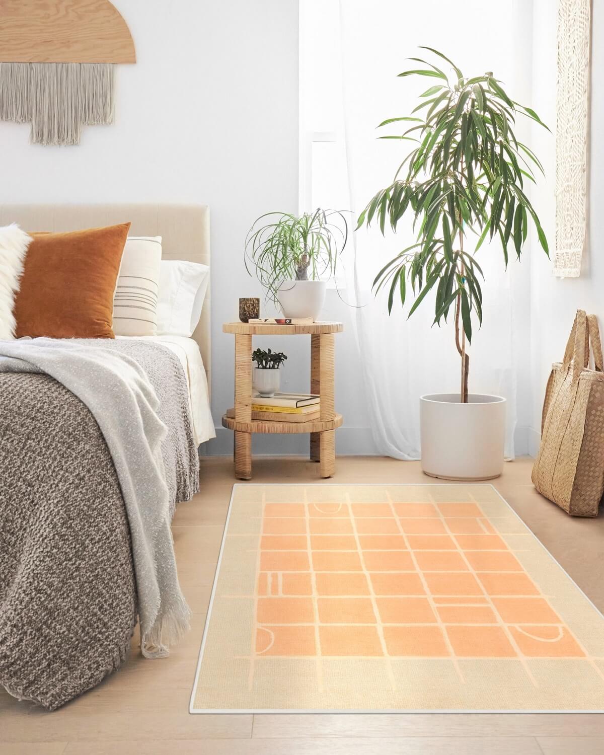 Pantone Color of the Year 2024 Home Decor Inspiration 16 natural bedroom Pantone_Peach_Fuzz_Neutral_Grid_Play_Rug_Ruggable