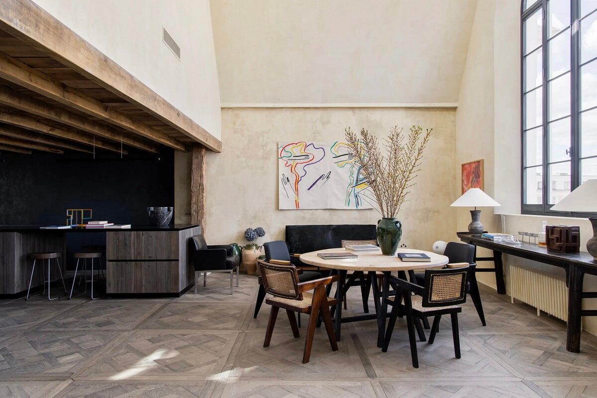 Modern Rustic Interiors in a Notting Hill Penthouse 8 open-plan-kitchen-dining-room-high-ceilings-notting-hill