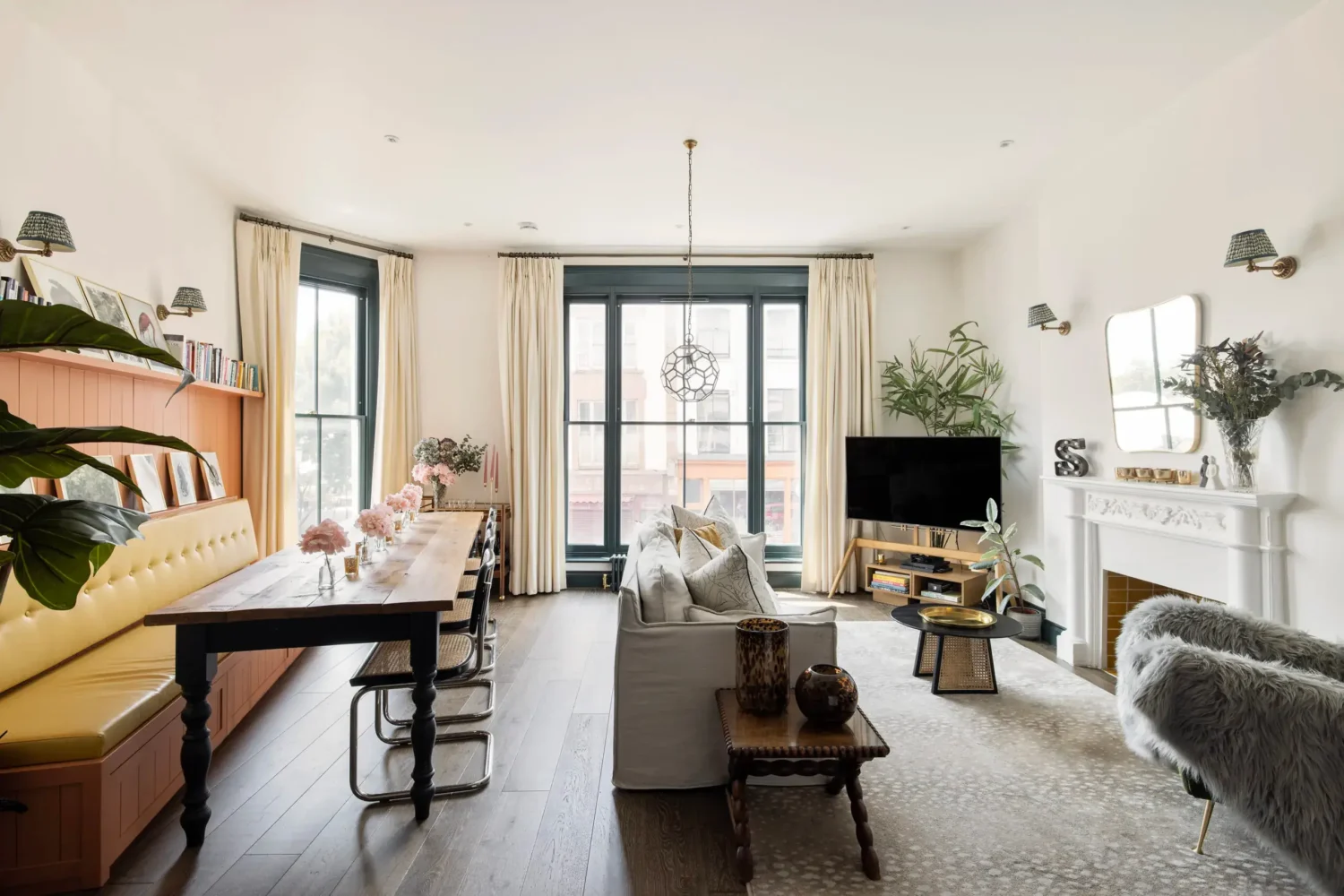 A London Maisonette with Color Pops 1 open plan living room dining space with bench nordroom