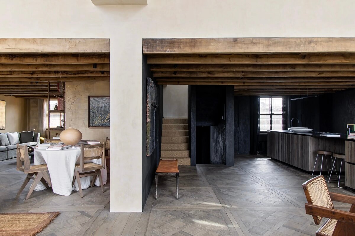 Modern Rustic Interiors in a Notting Hill Penthouse 9 open-plan-living-space-wooden-ceiling-notting-hill