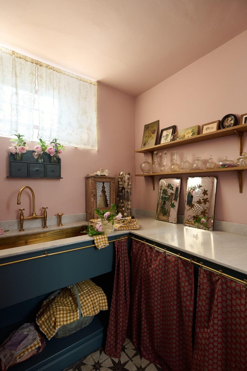 A Small Tour of Pearl Lowe's Stunning deVOL Laundry Room 5 pearl-lowe-laundry-room-pink-walls-shelves-curtains-nordroom