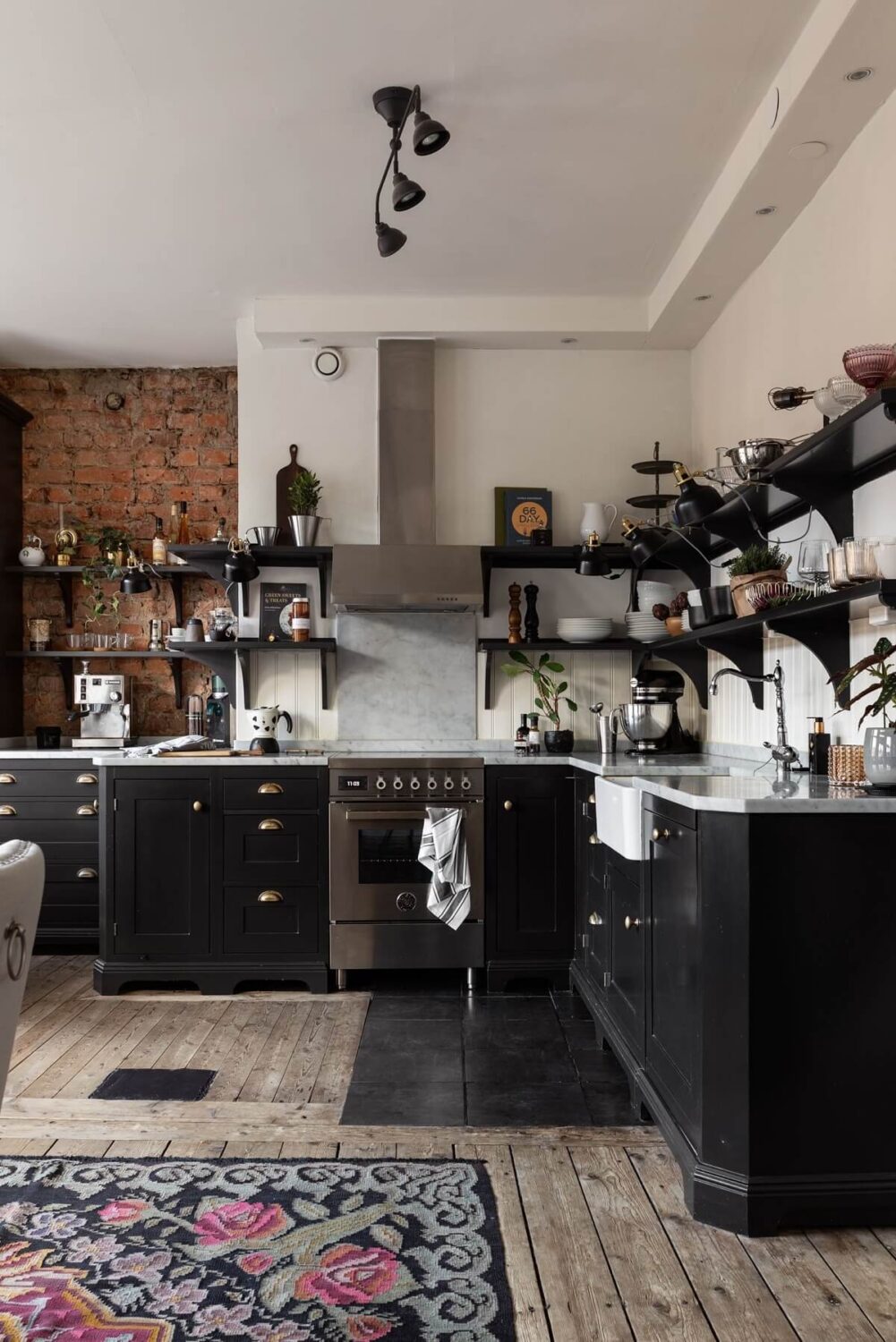 Best of 2023: Kitchens 34 rustic black kitchen shelves exposed brick wooden floor nordroom