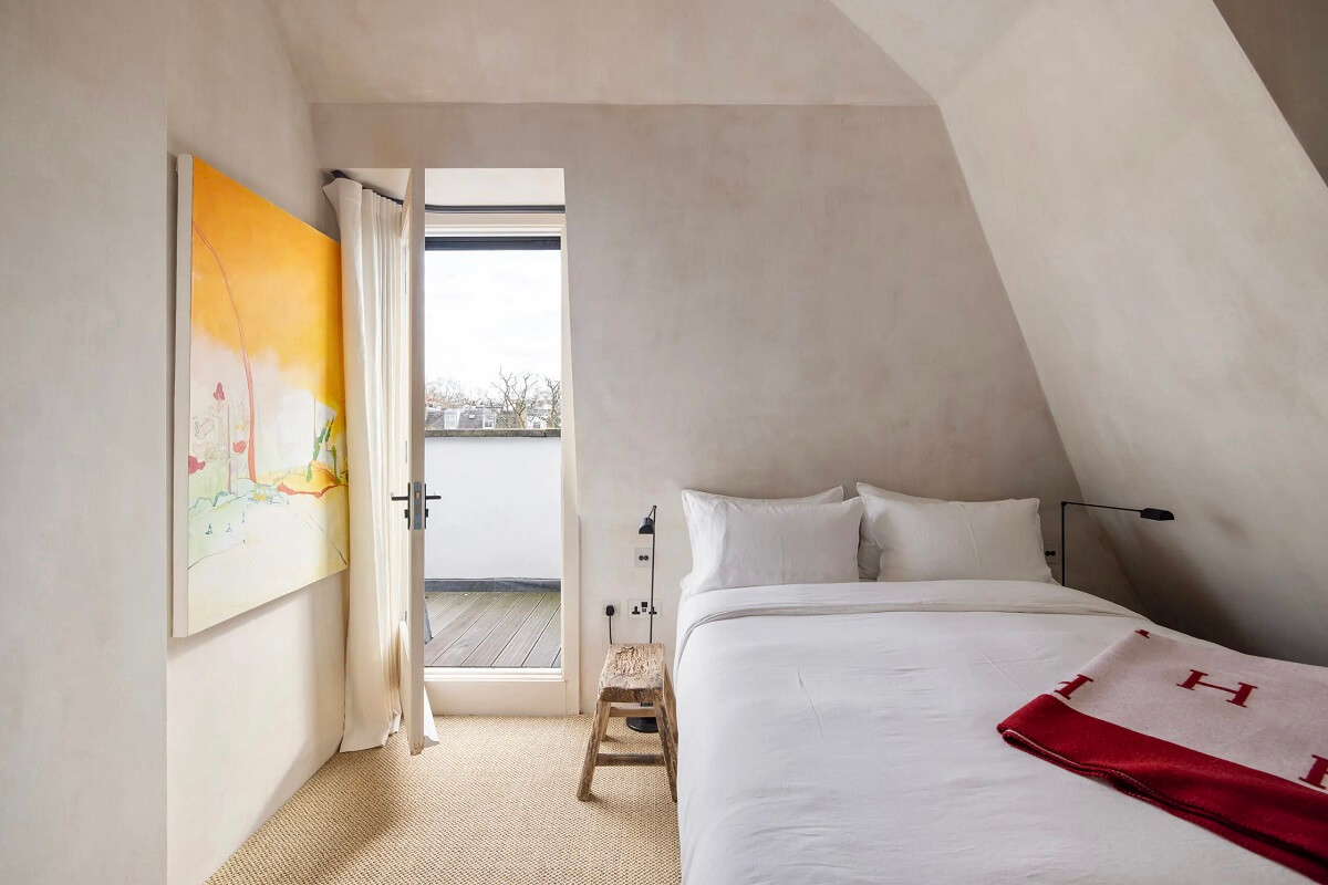 Modern Rustic Interiors in a Notting Hill Penthouse 15 small-white-bedroom-yellow-art-nordroom