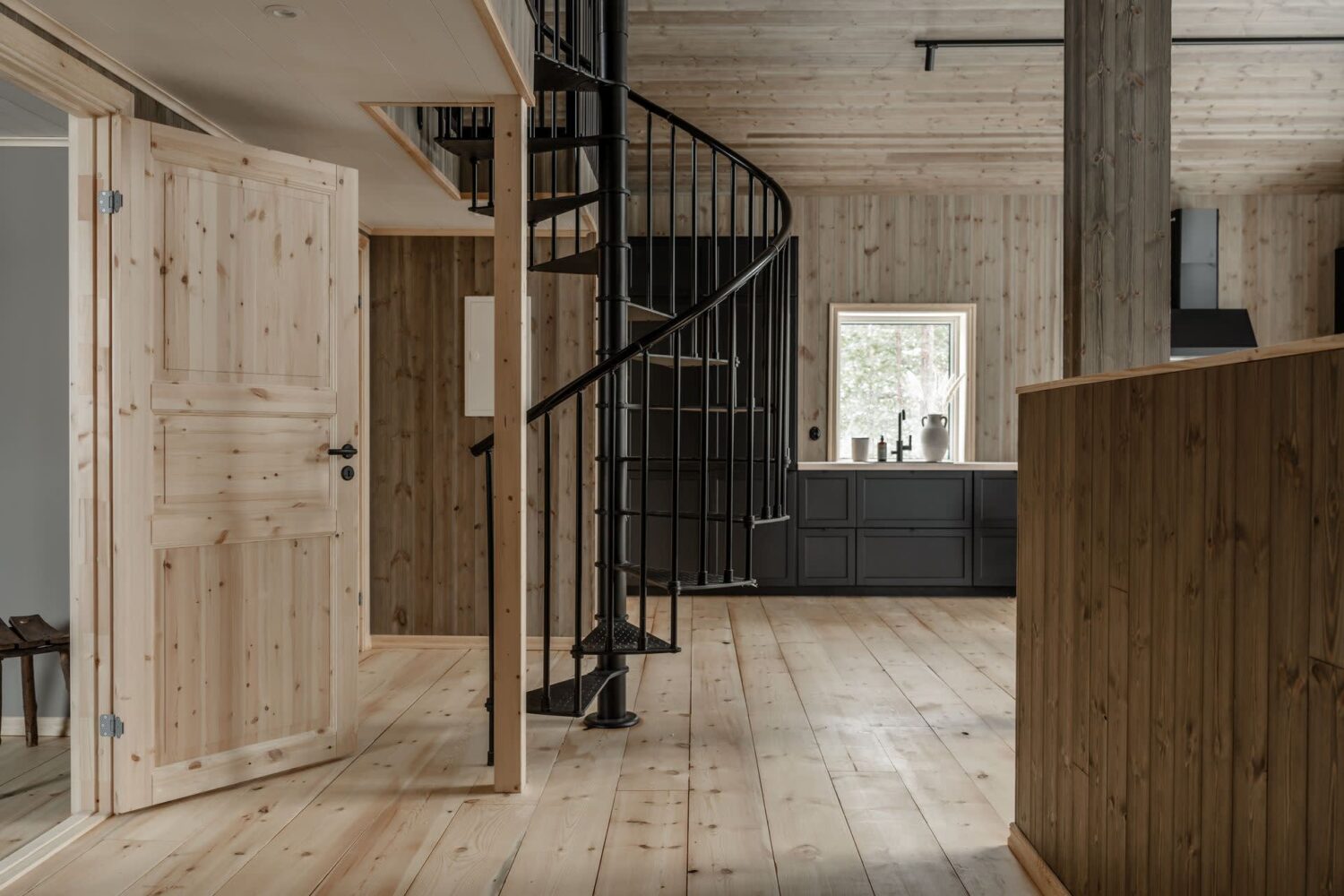 A Cozy Log House in Sweden 15 spiral-steel-staircase-log-house