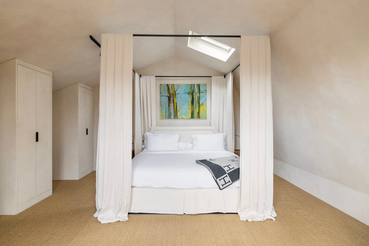 Modern Rustic Interiors in a Notting Hill Penthouse 13 white-master-bedroom-canopy-bed