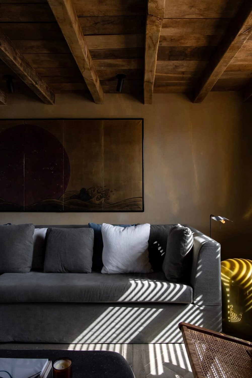 Modern Rustic Interiors in a Notting Hill Penthouse 6 wooden-ceiling-modern-rustic-living-room