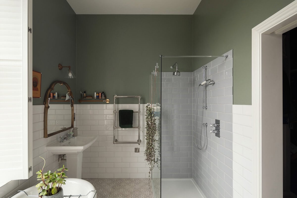 A Victorian House in London with Three Outdoor Spaces 19 bathroom walk in shower white tiles gray walls nordroom
