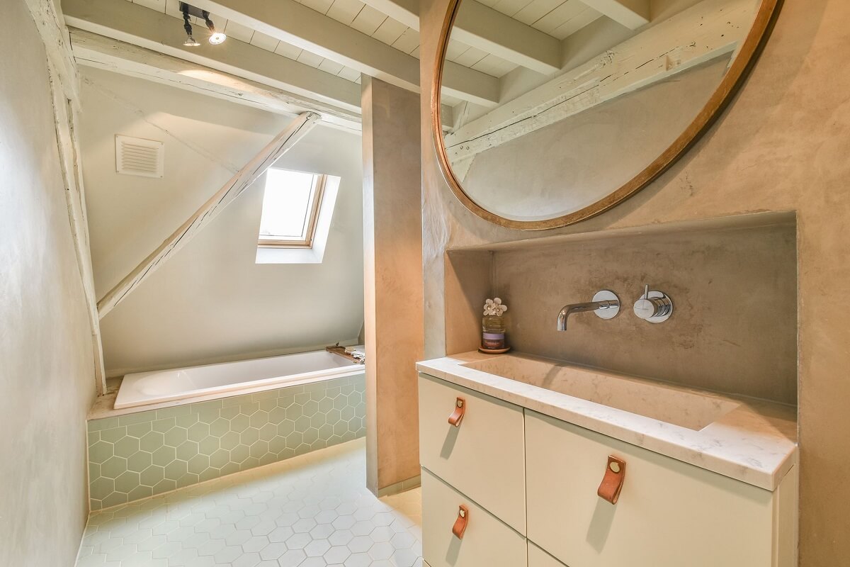Wooden Interiors in a Historic Dutch Family Home 19 bathroom-wooden-ceiling-round-mirror-nordroom