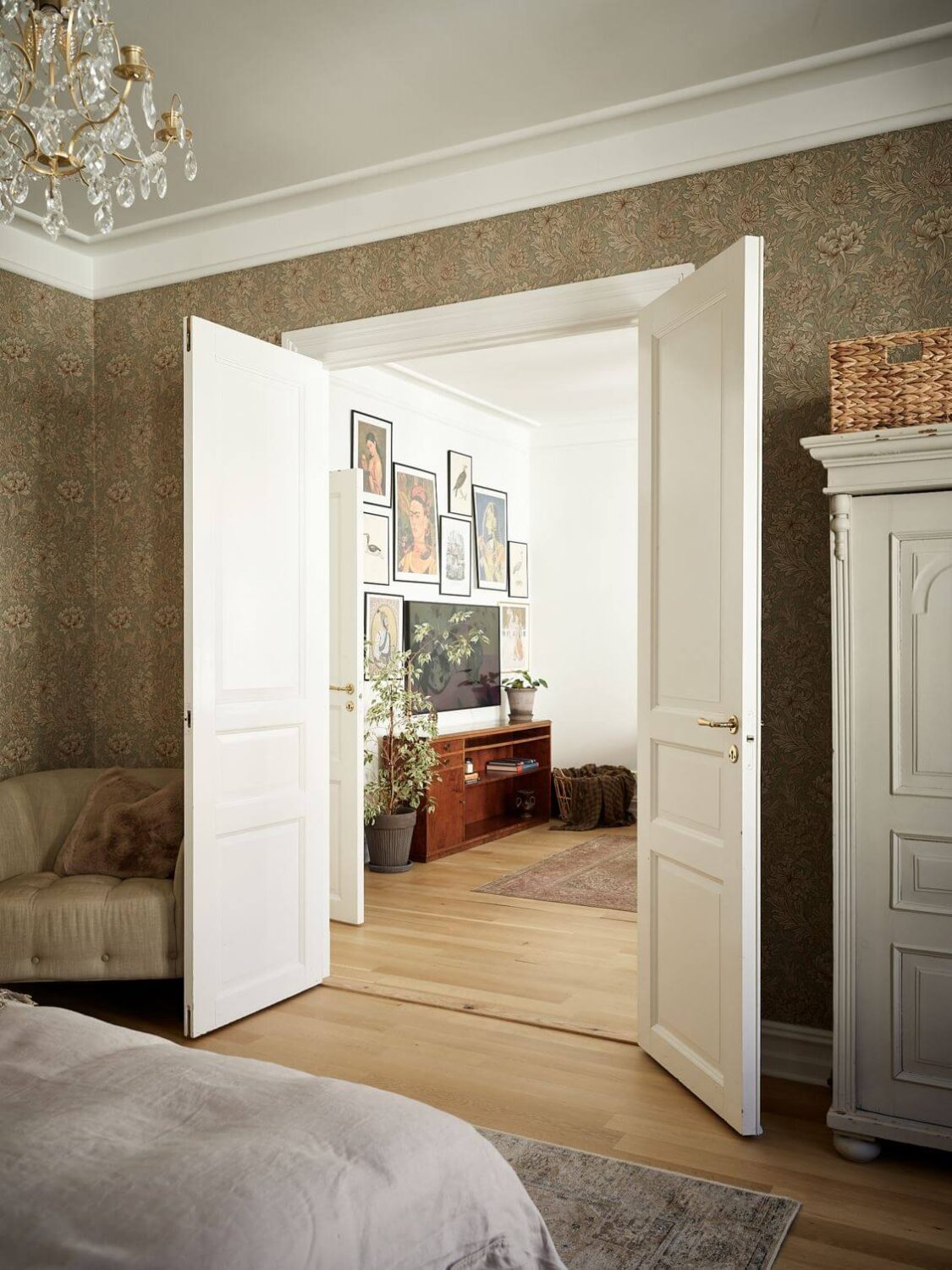 William Morris Wallpaper in a Scandinavian Apartment 7 bedroom double white wooden doors