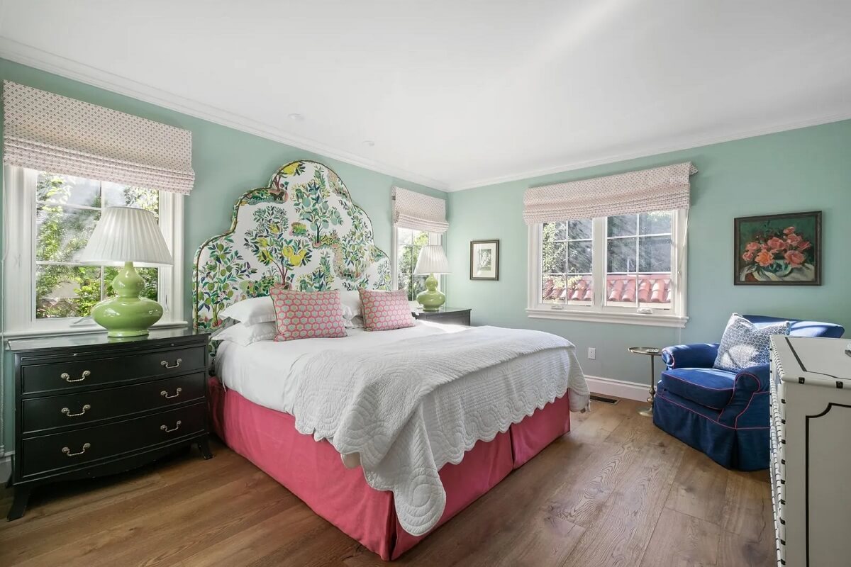 Emma Stone's Colorful Spanish-Style Los Angeles Home is For Sale 12 blue-bedroom-botanical-headboard-emma-stone-nordroom