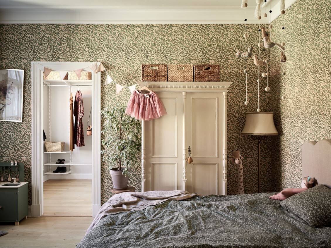William Morris Wallpaper in a Scandinavian Apartment 8 children bedroom with green wallpaper vintage wardrobe