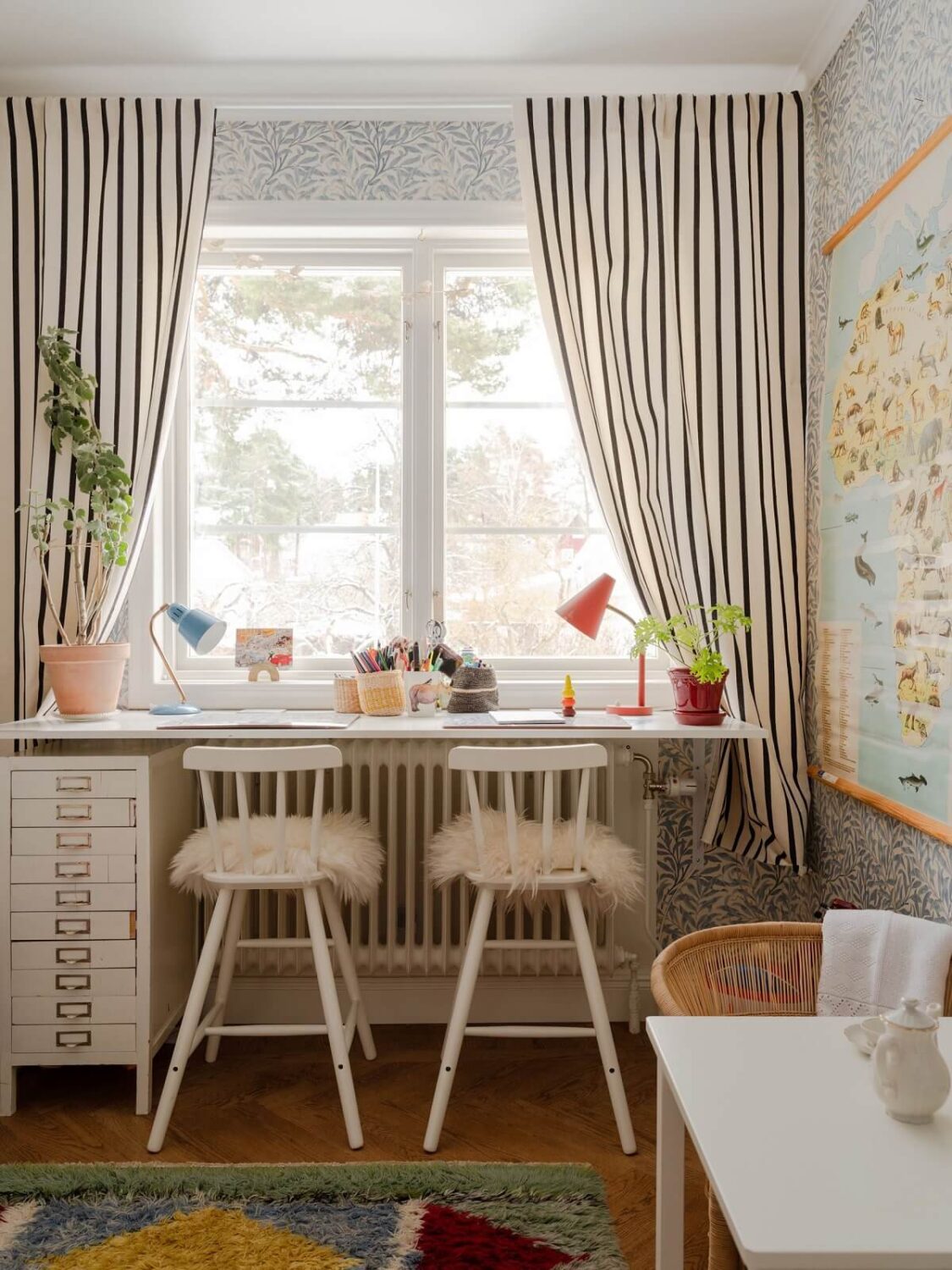 A Light Family Home in a Historic Yellow Villa 10 children craft room striped curtains nordroom