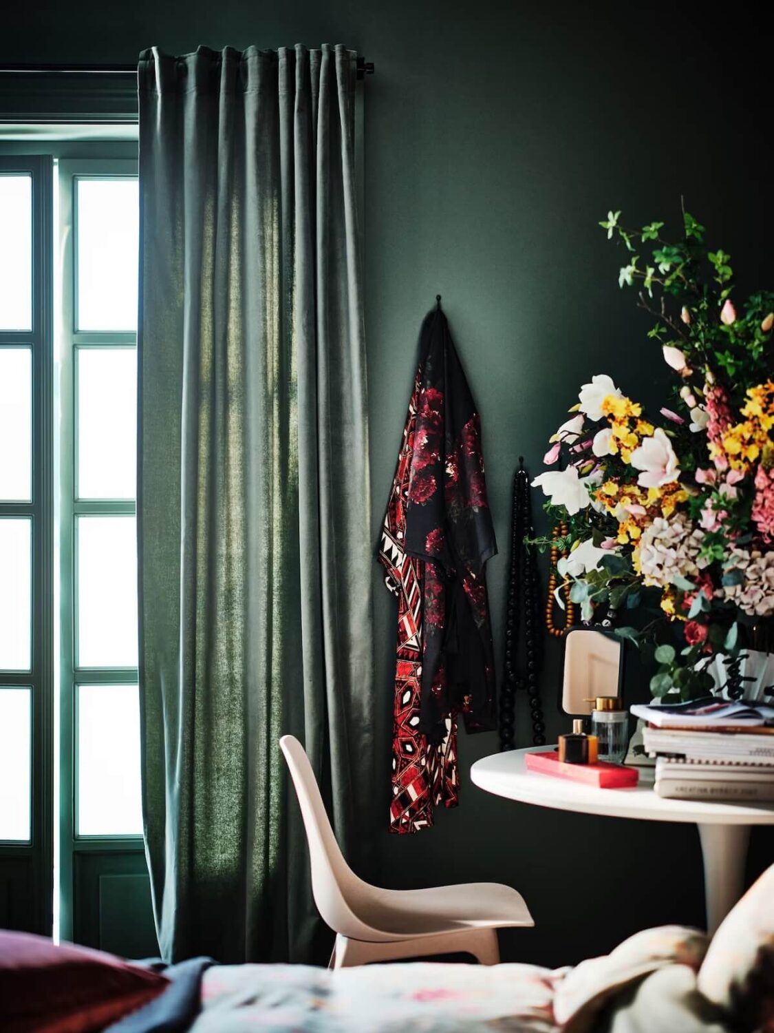 IKEA Home Style and Trends Guide 2024 11 dark green bedroom floral display ikea nordroom
