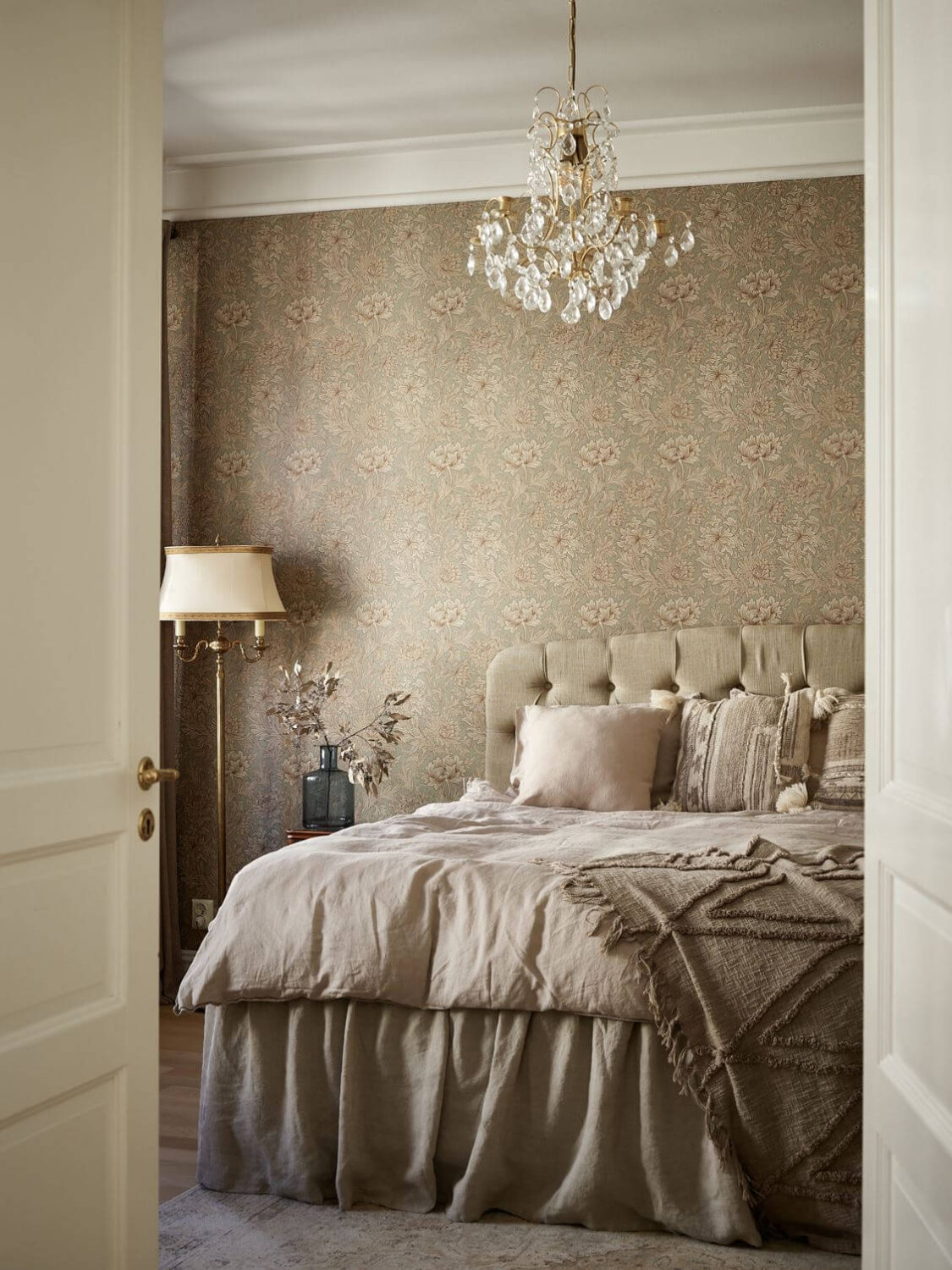 William Morris Wallpaper in a Scandinavian Apartment 4 double white wooden doors master bedroom wallpaper