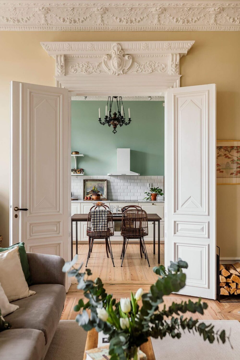 Stunning Fireplaces in a Historic Stockholm Apartment 8 double-wooden-doors-leading-to-kitchen-nordoom
