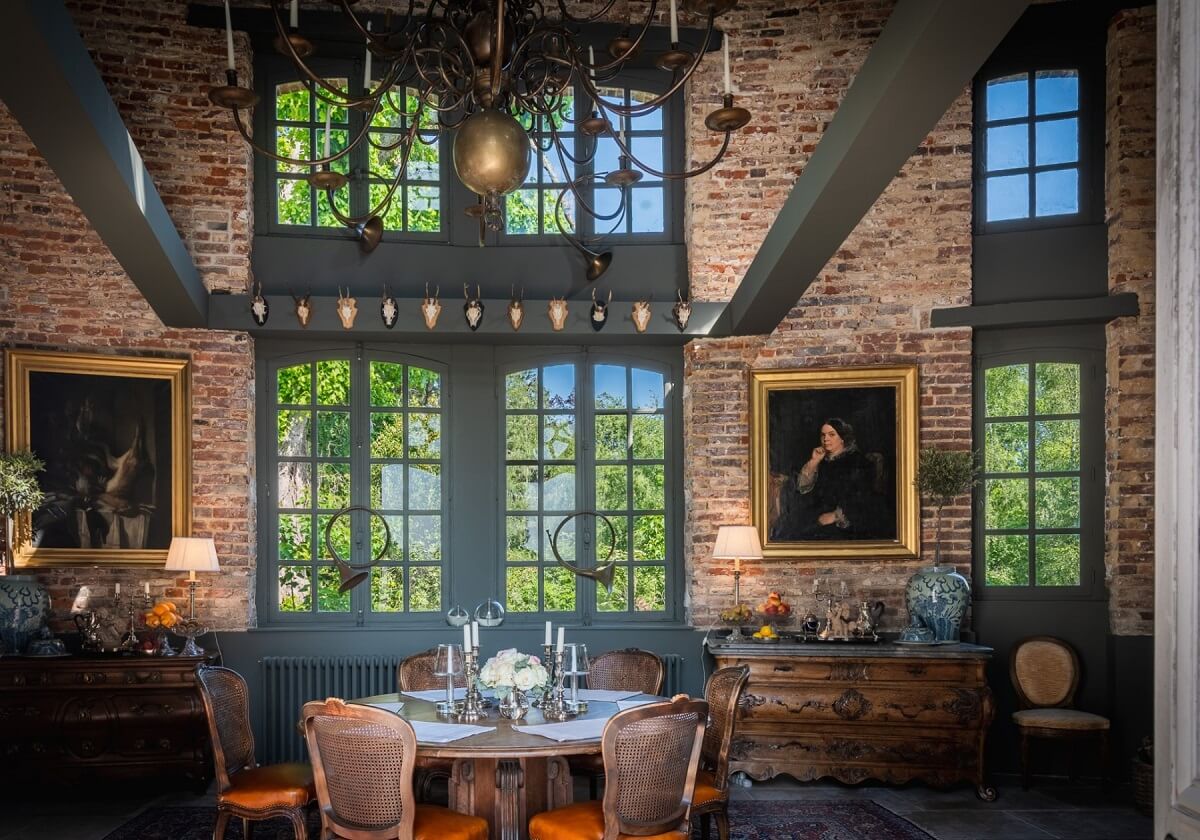 A Renovated 18th Century Chateau in France 8 exposed brick and beams in a renovated chateau france