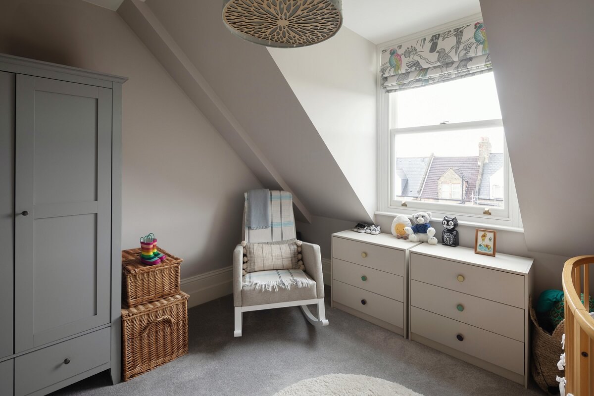 A Victorian House in London with Three Outdoor Spaces 23 gray nursery slanted ceiling