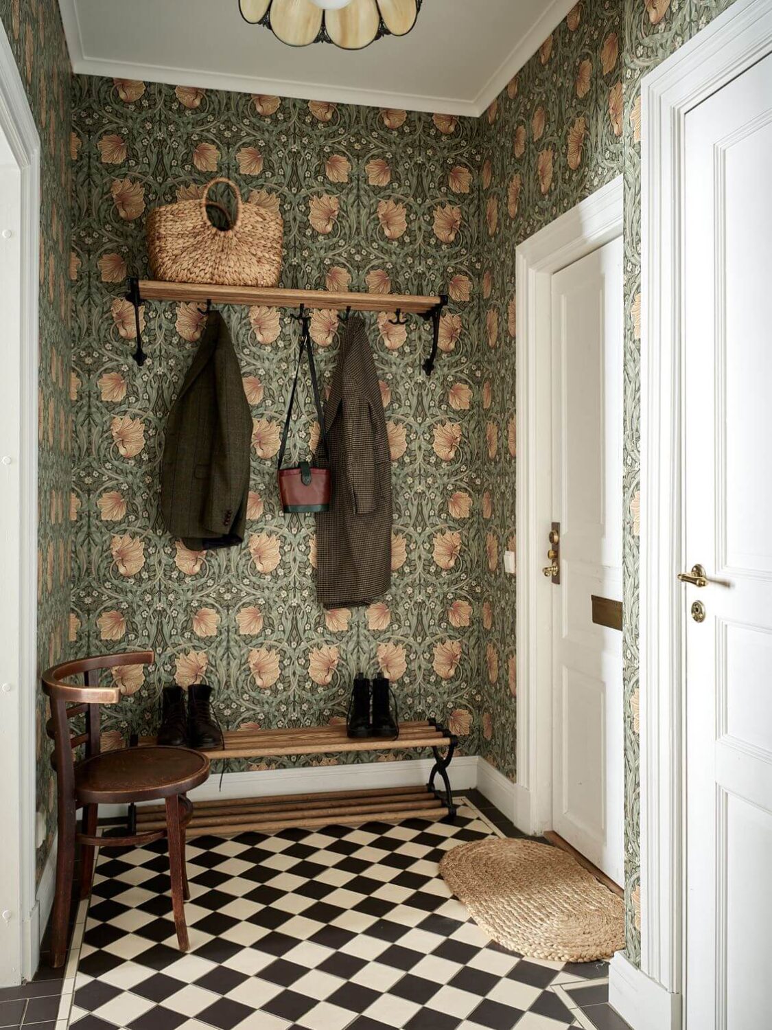 William Morris Wallpaper in a Scandinavian Apartment 15 hallway green william morris wallpaper black white floor tiles nordroom