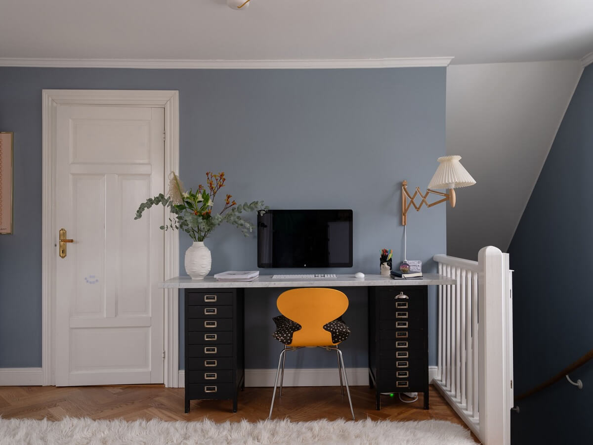 A Light Family Home in a Historic Yellow Villa 21 home office light blue gray walls nordroom
