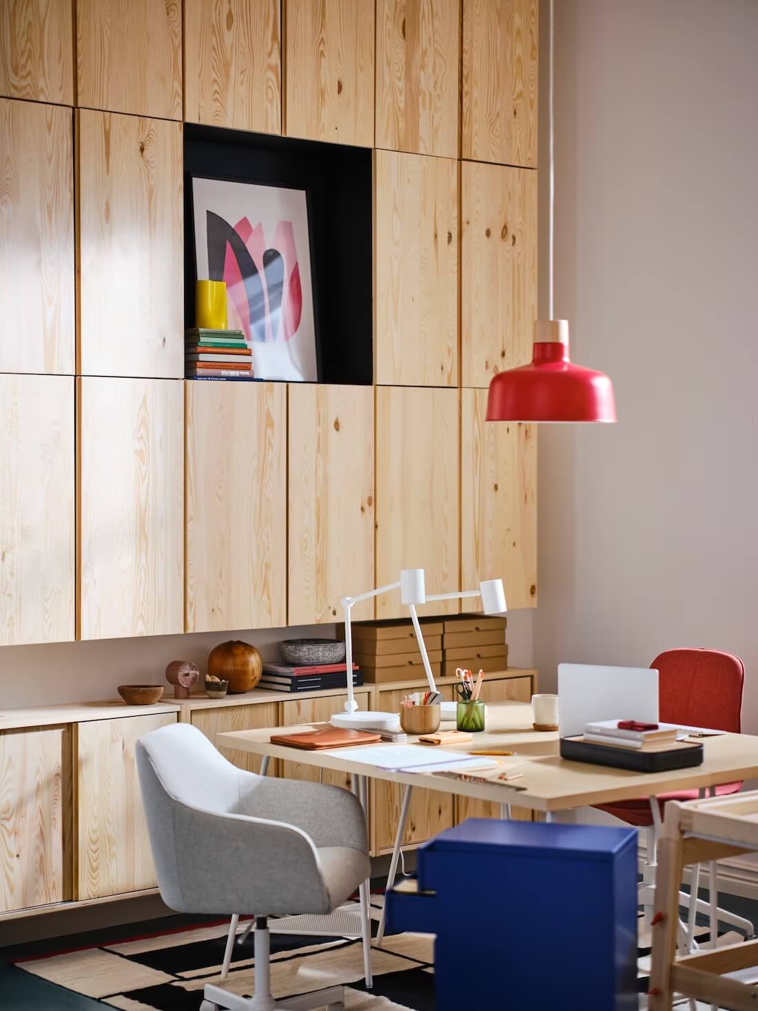 50+ Rooms That Prove ‘The Unexpected Red Theory’ Really Works 24 ikea workspace ivar cabinets nordroom