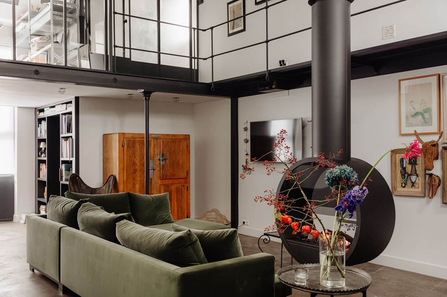 An Industrial Loft Apartment in Amsterdam 3 industrial-loft-living-space-firplace