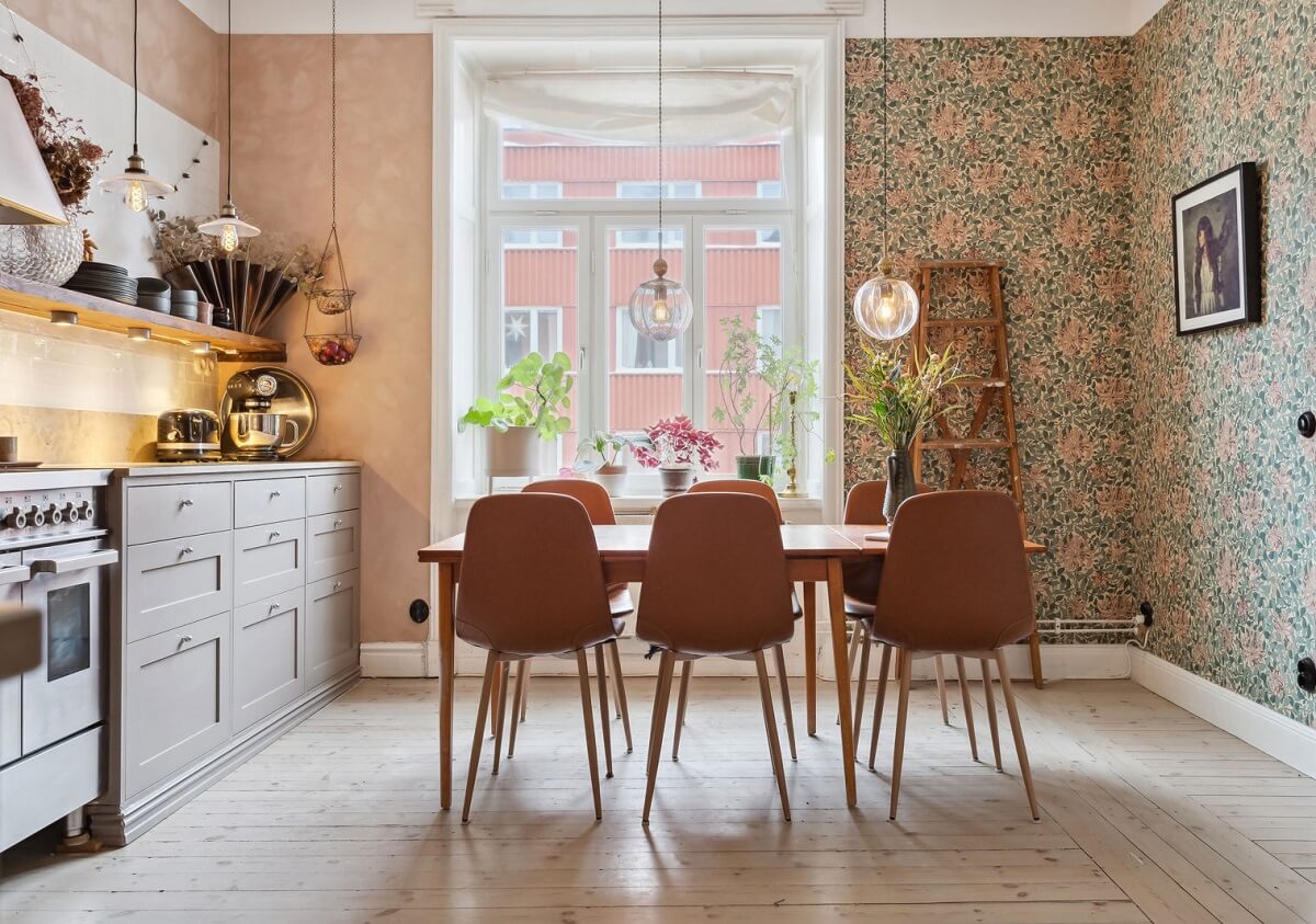 A Swedish Apartment with a Lovely Kitchen 2 kitchen-light-gray-cabinets-wallpaper-nordroom