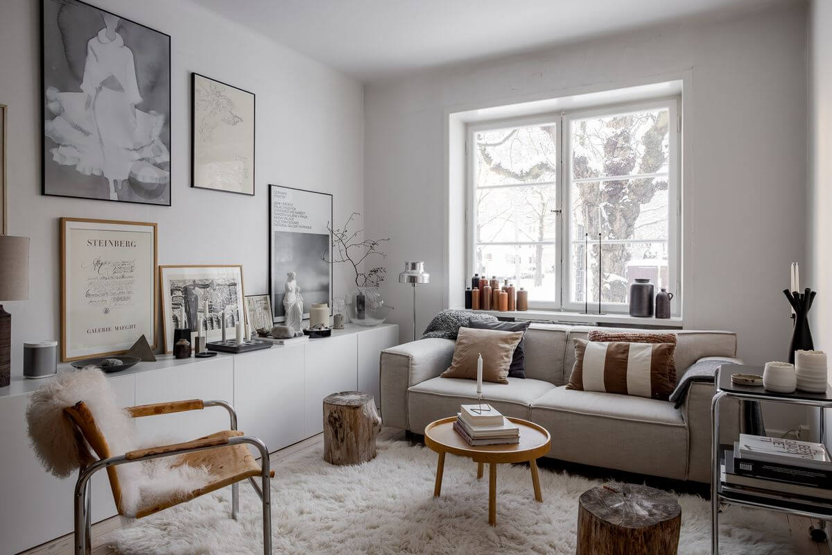 light scandinavian living room low cabinet gallery wall nordroom