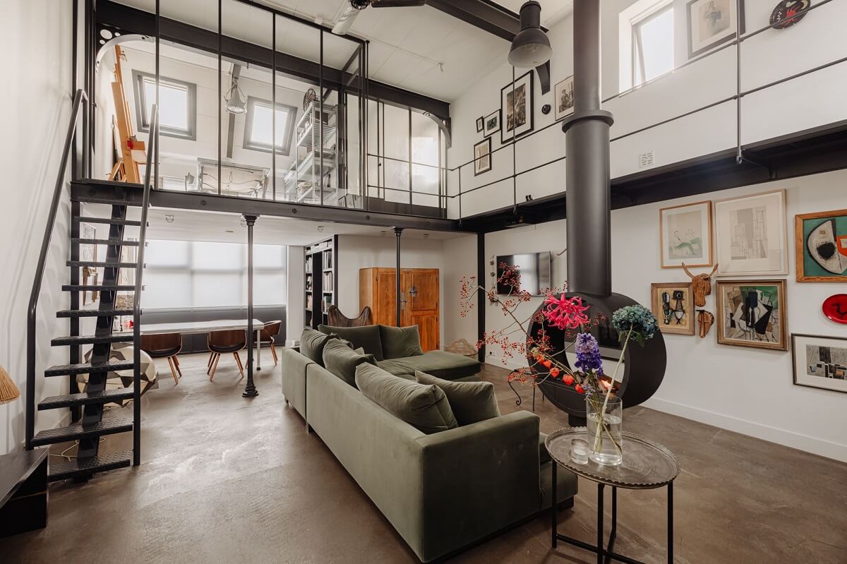 An Industrial Loft Apartment in Amsterdam 2 living-space-green-sofa-industrial-loft-nordroom