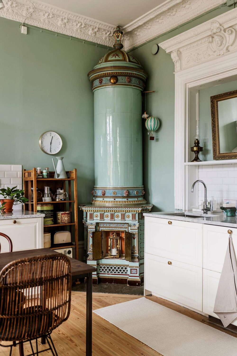 Stunning Fireplaces in a Historic Stockholm Apartment 12 mint-green-fireplace-kitchen-nordroom