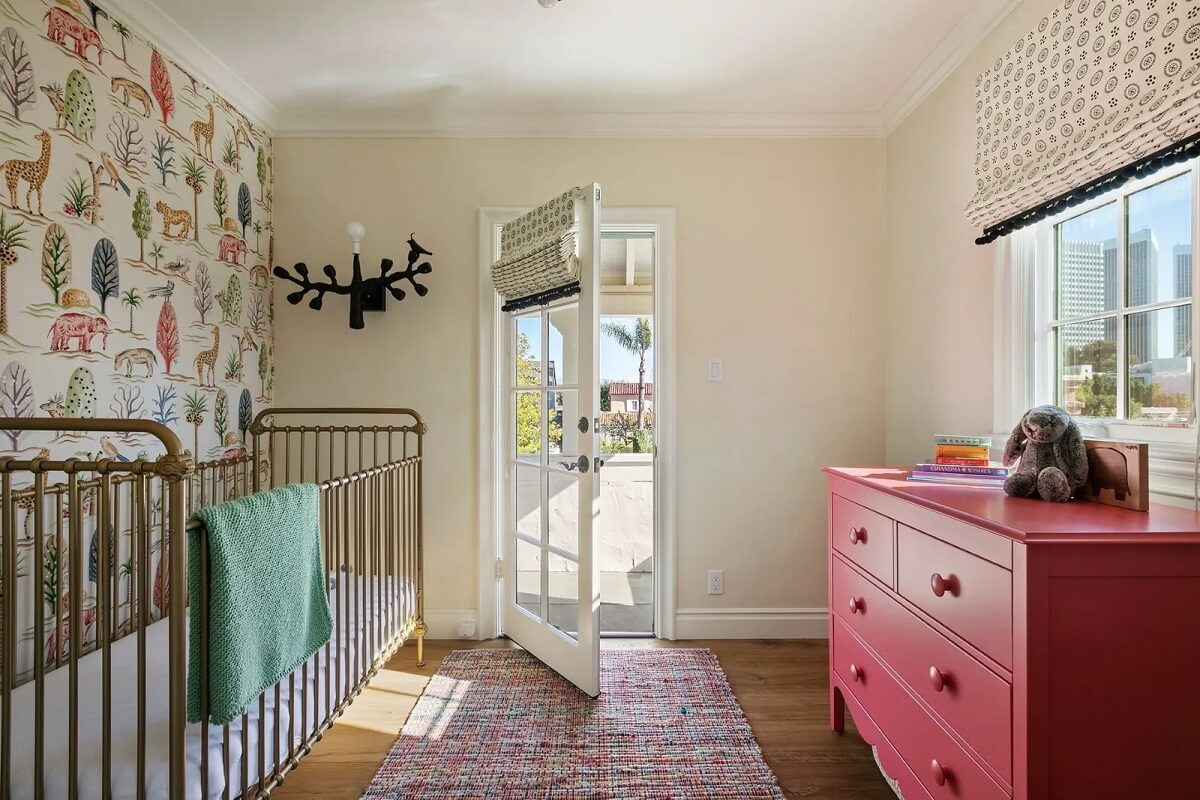 26 Children's Bedrooms Decorated with Animal Wallpaper 18 nursery-walpaper-pink-dresser-nordroom