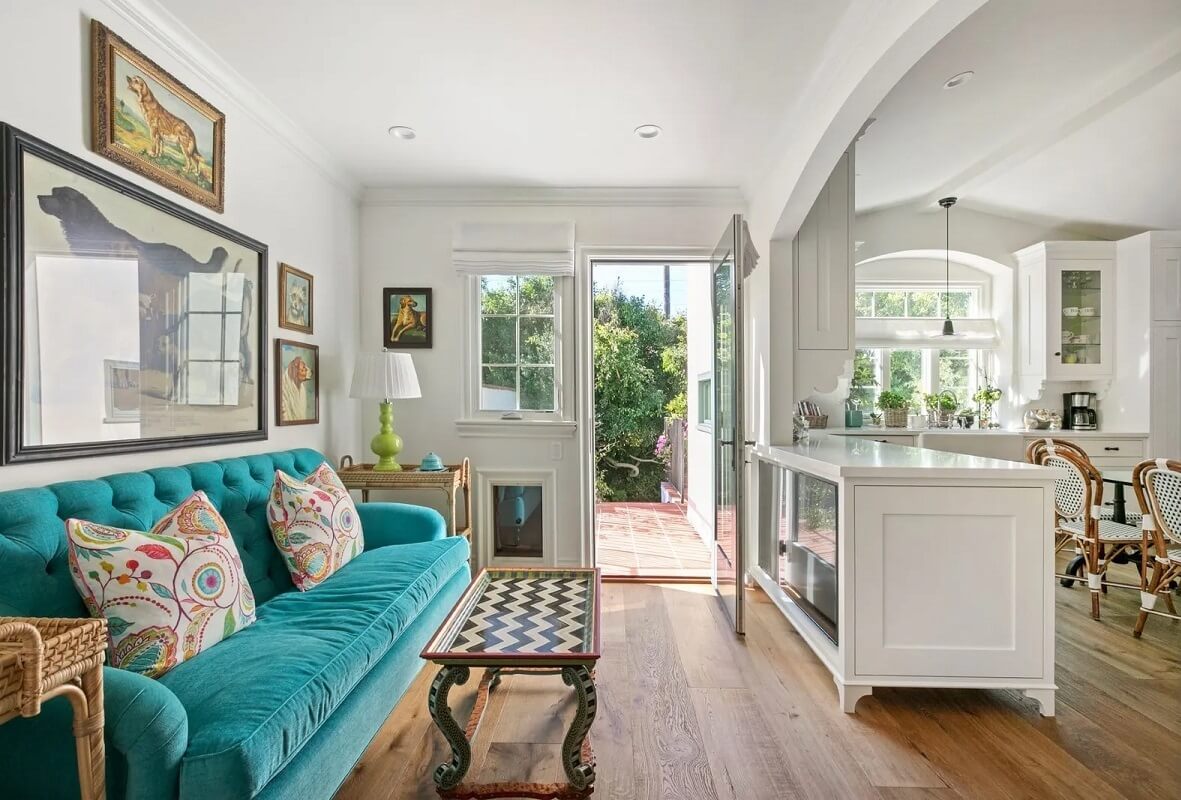 Emma Stone's Colorful Spanish-Style Los Angeles Home is For Sale 4 open-plan-plan-kitchen-lounge-area-nordroom
