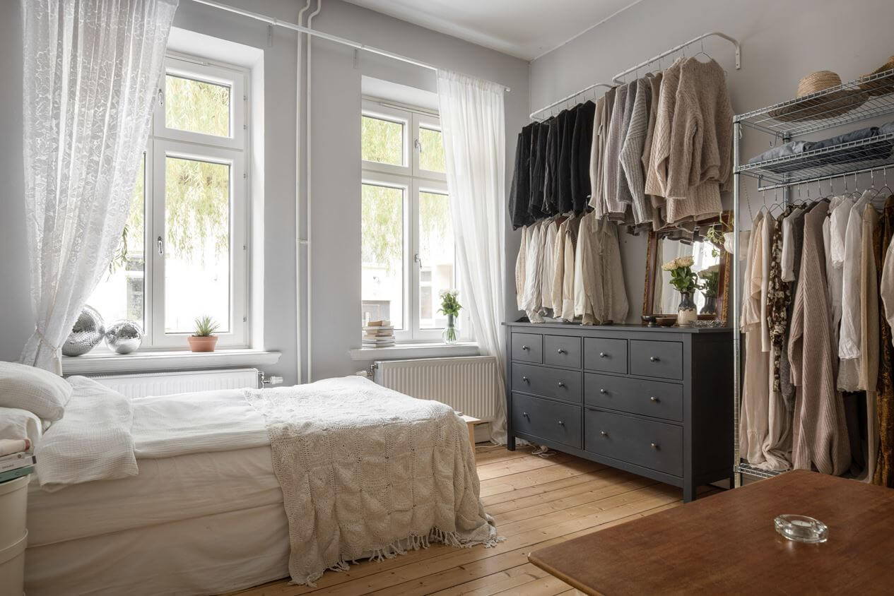 A Studio Apartment with Vintage Decor 6 open-wardrobe-scandi-studio-apartment