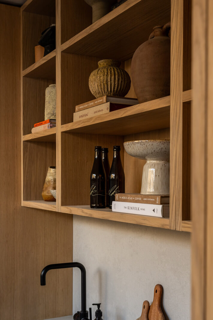 A Renovated Victorian House with Oak Features 10 open wooden cabinets kitchen