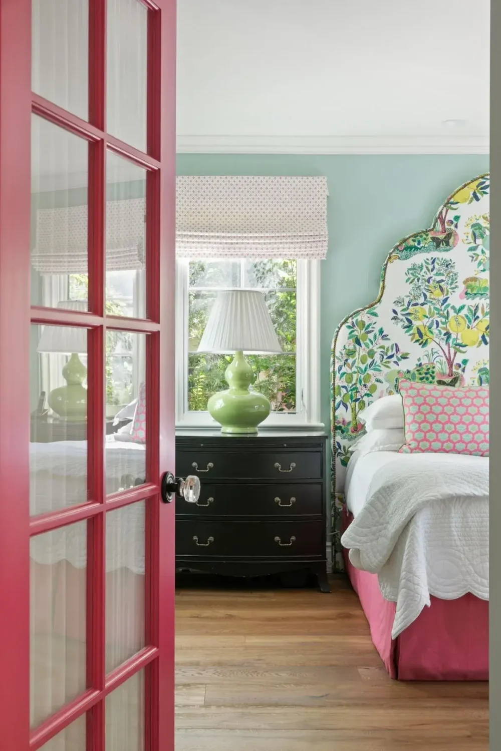 Emma Stone's Colorful Spanish-Style Los Angeles Home is For Sale 11 pink-door-bedroom-colorful-headboard-nordroom