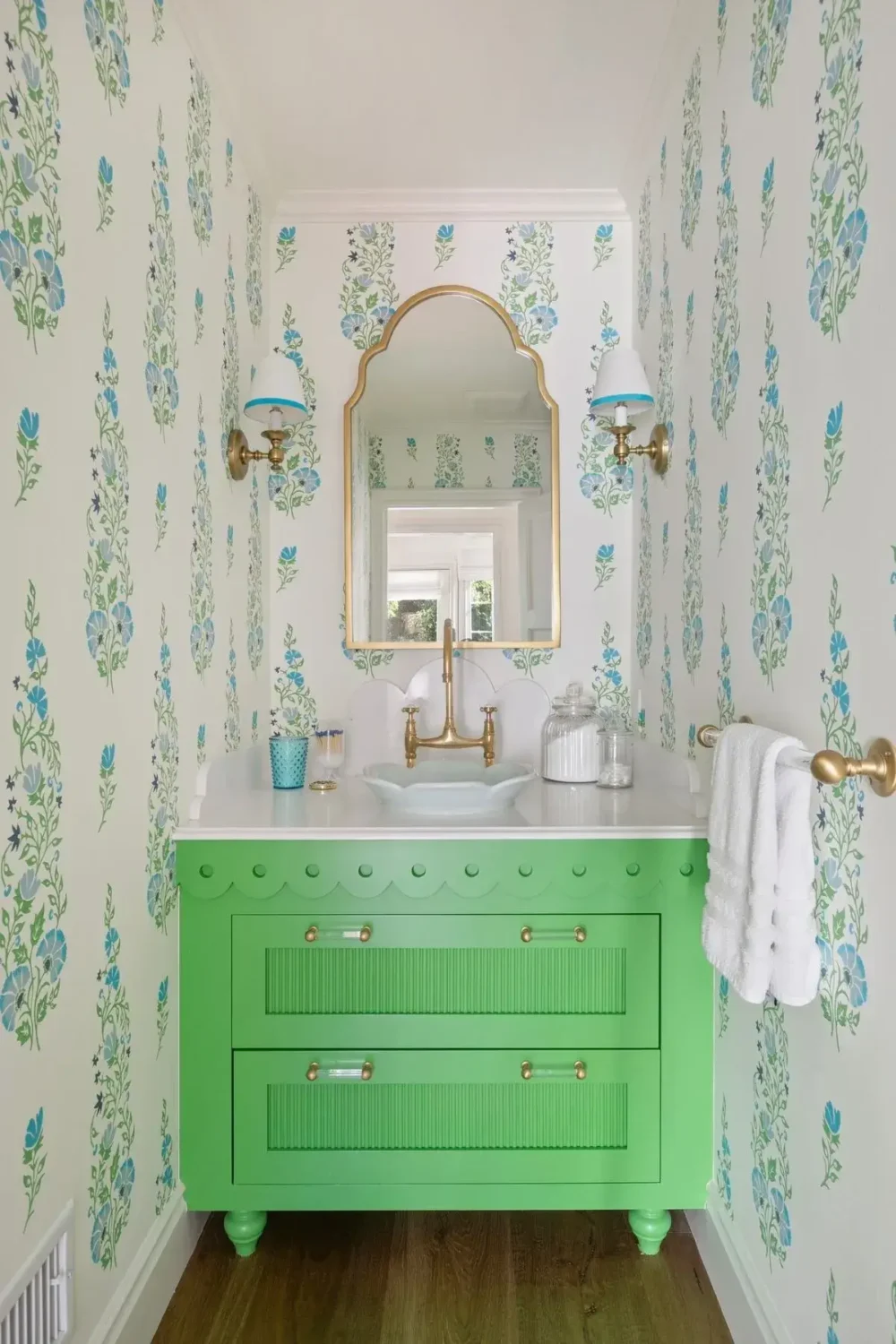 Emma Stone's Colorful Spanish-Style Los Angeles Home is For Sale 9 powder-room-wallpaper-green-vanity-nordroom