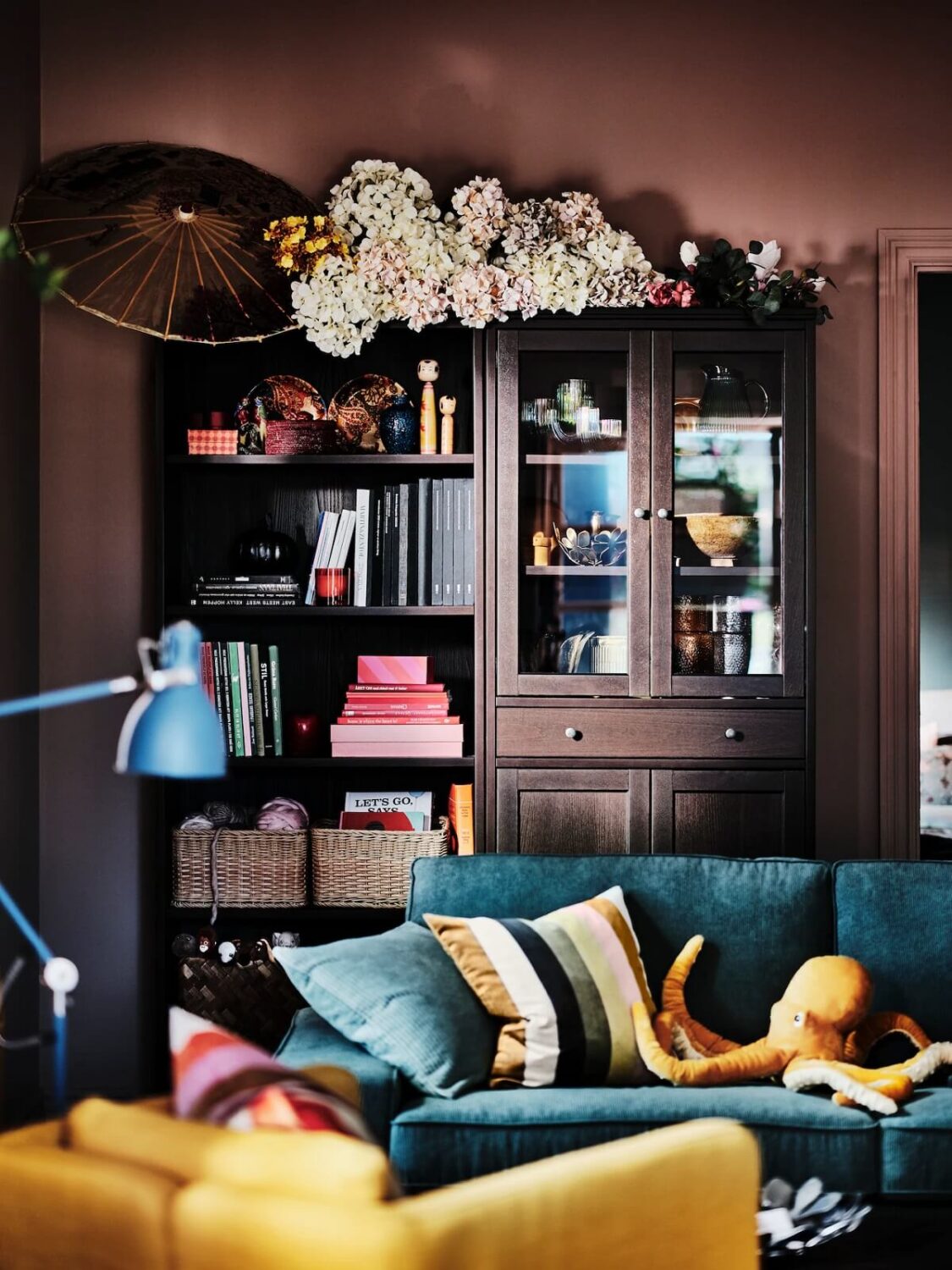 IKEA Catalogue 2026 + New IKEA Collections 58 romantic ikea living room pink walls blue sofa dark wood nordroom