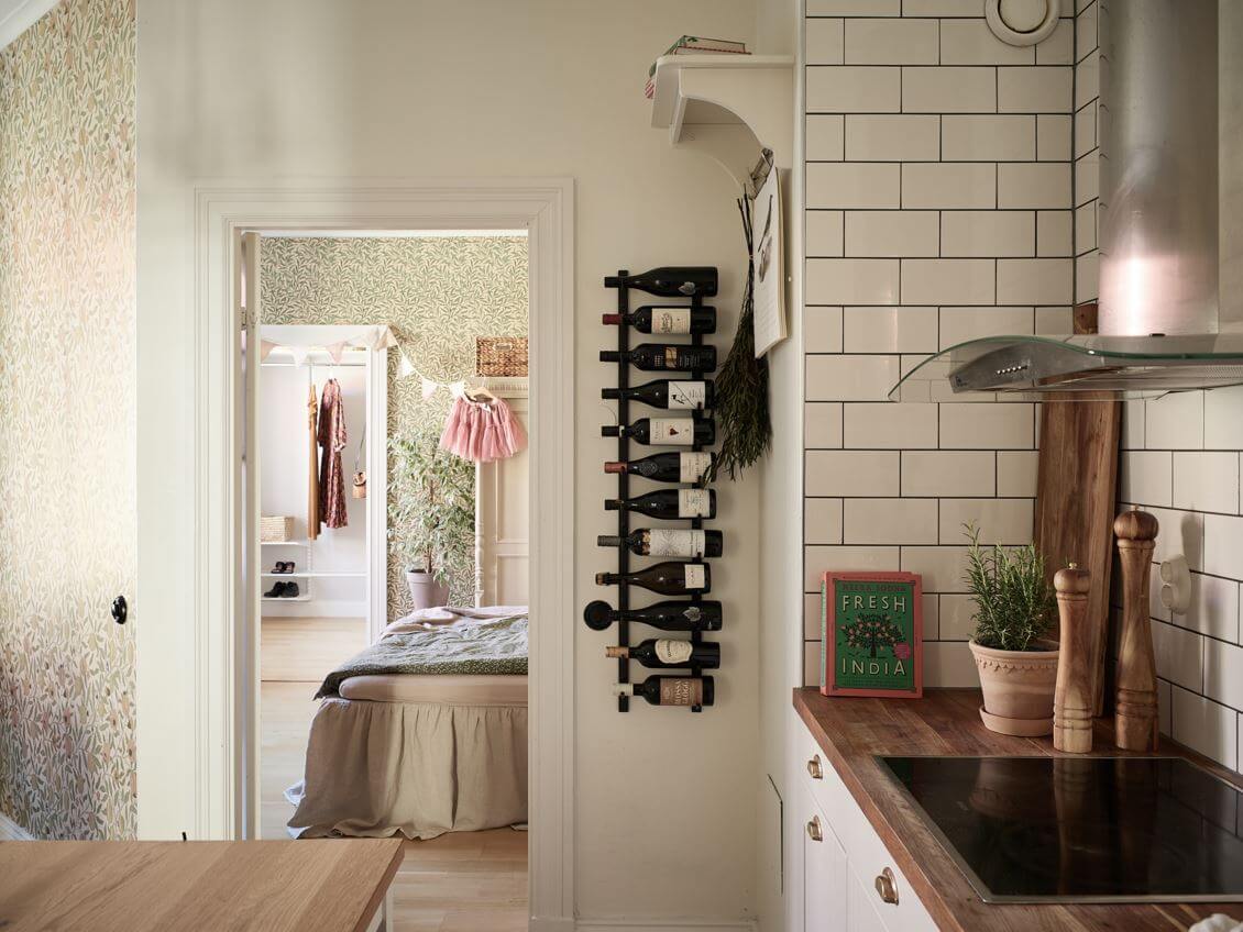William Morris Wallpaper in a Scandinavian Apartment 12 scandinavian kitchen white subway tiles