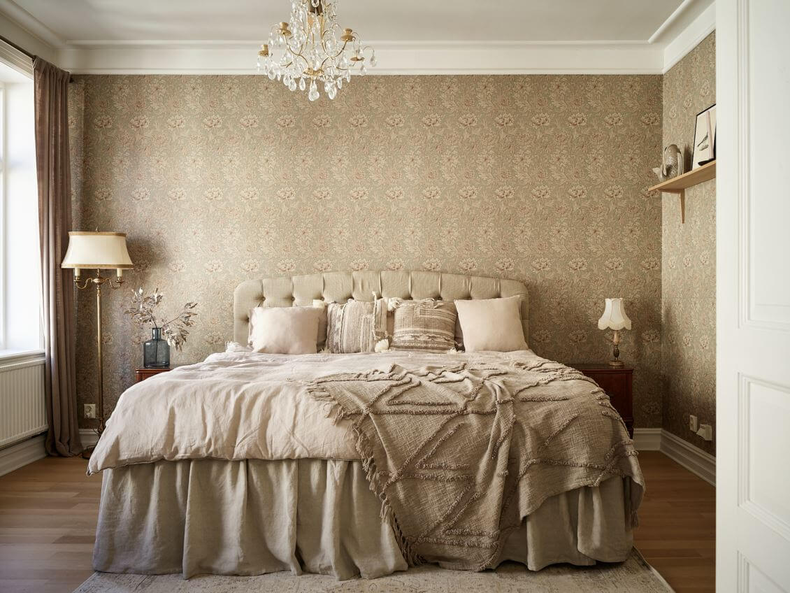 William Morris Wallpaper in a Scandinavian Apartment 5 serene master bedroom wallpapered walls