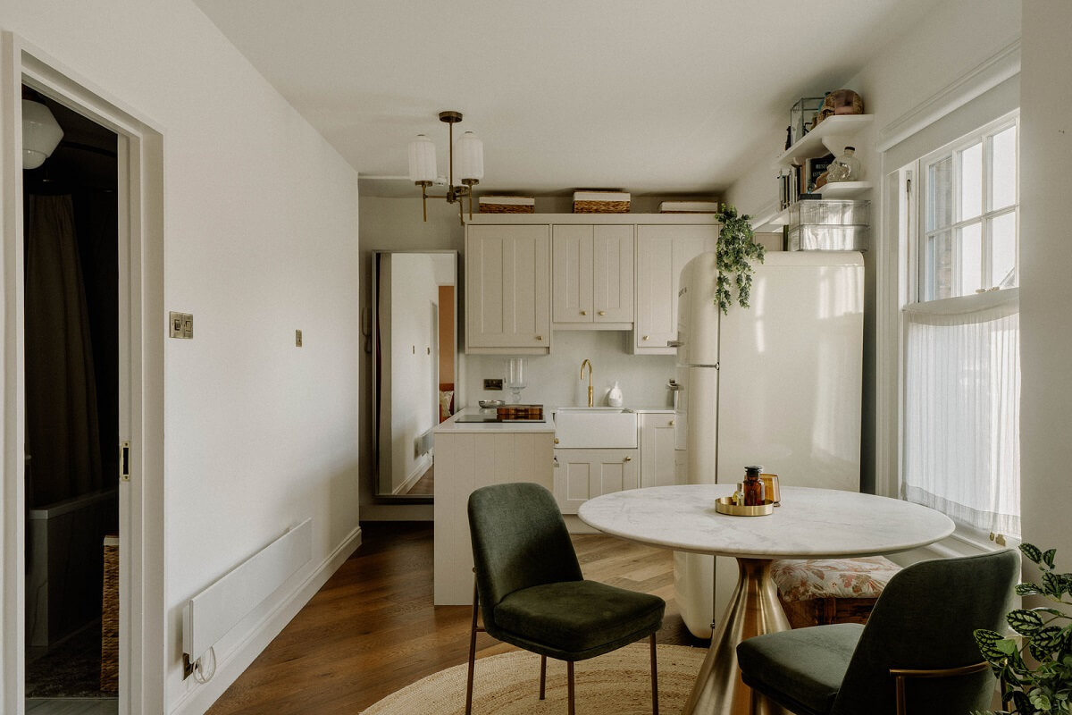 A Tiny London Apartment with Refined Materials and Colors 8 small open plan living room kitchen