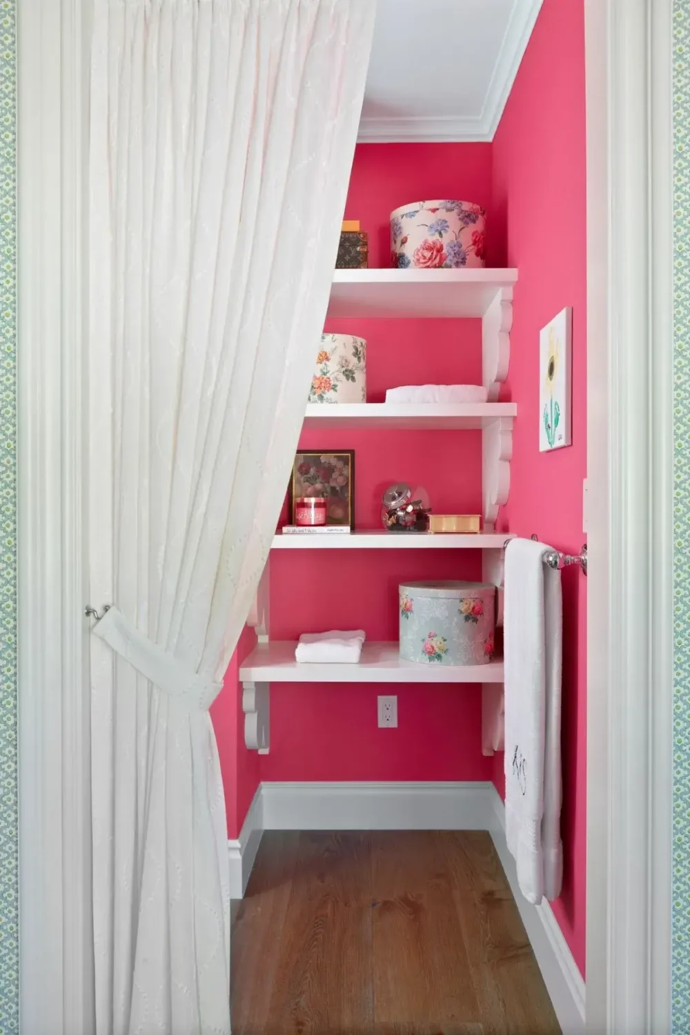 Emma Stone's Colorful Spanish-Style Los Angeles Home is For Sale 19 storage-shelves-hot-pink-walls-nordroom