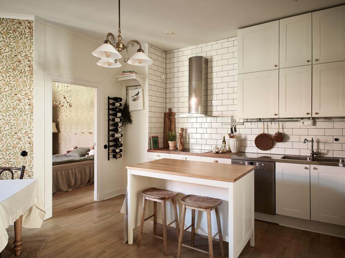 William Morris Wallpaper in a Scandinavian Apartment 11 white scandinavian kitchen with island