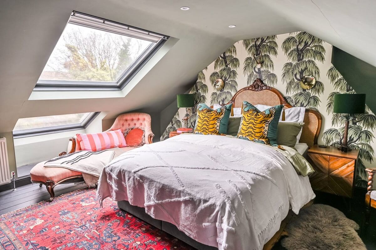 An Eclectic Victorian Townhouse in London 19 attic-bedroom-slanted-ceilings-leaf-wallpaper-nordroom