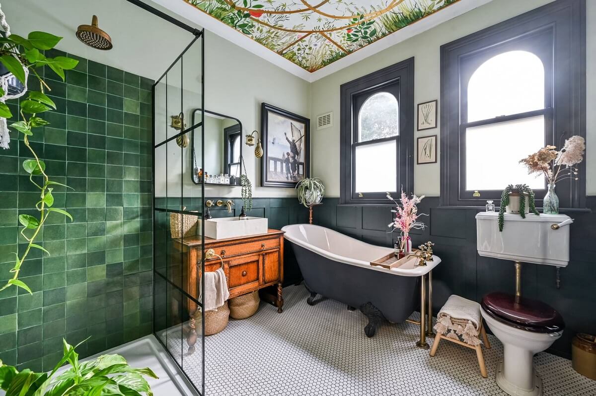 Best of 2024: Bathrooms 18 bathroom-freestanding-gray-bath-walk-in-shower-green-tiles-nordroom