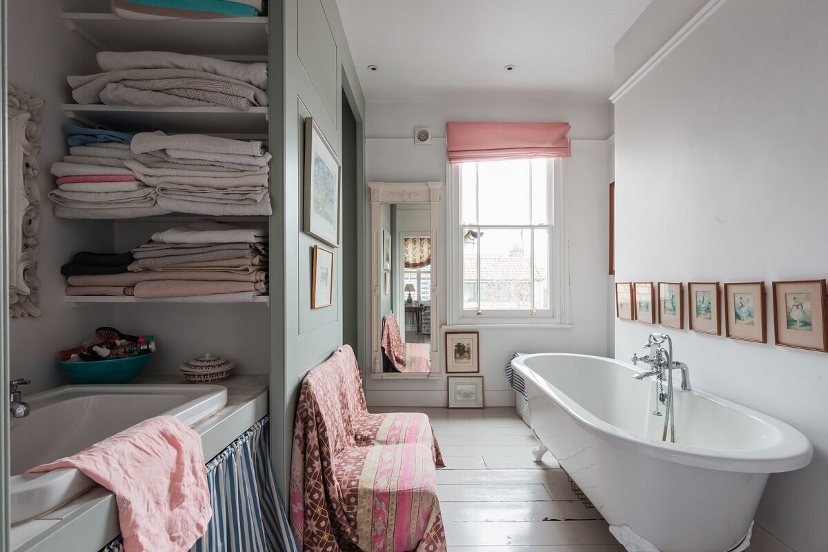 A Home with Cottage Interiors in a Former Cambridge Shop 13 bathroom wooden floor clawfoot bth