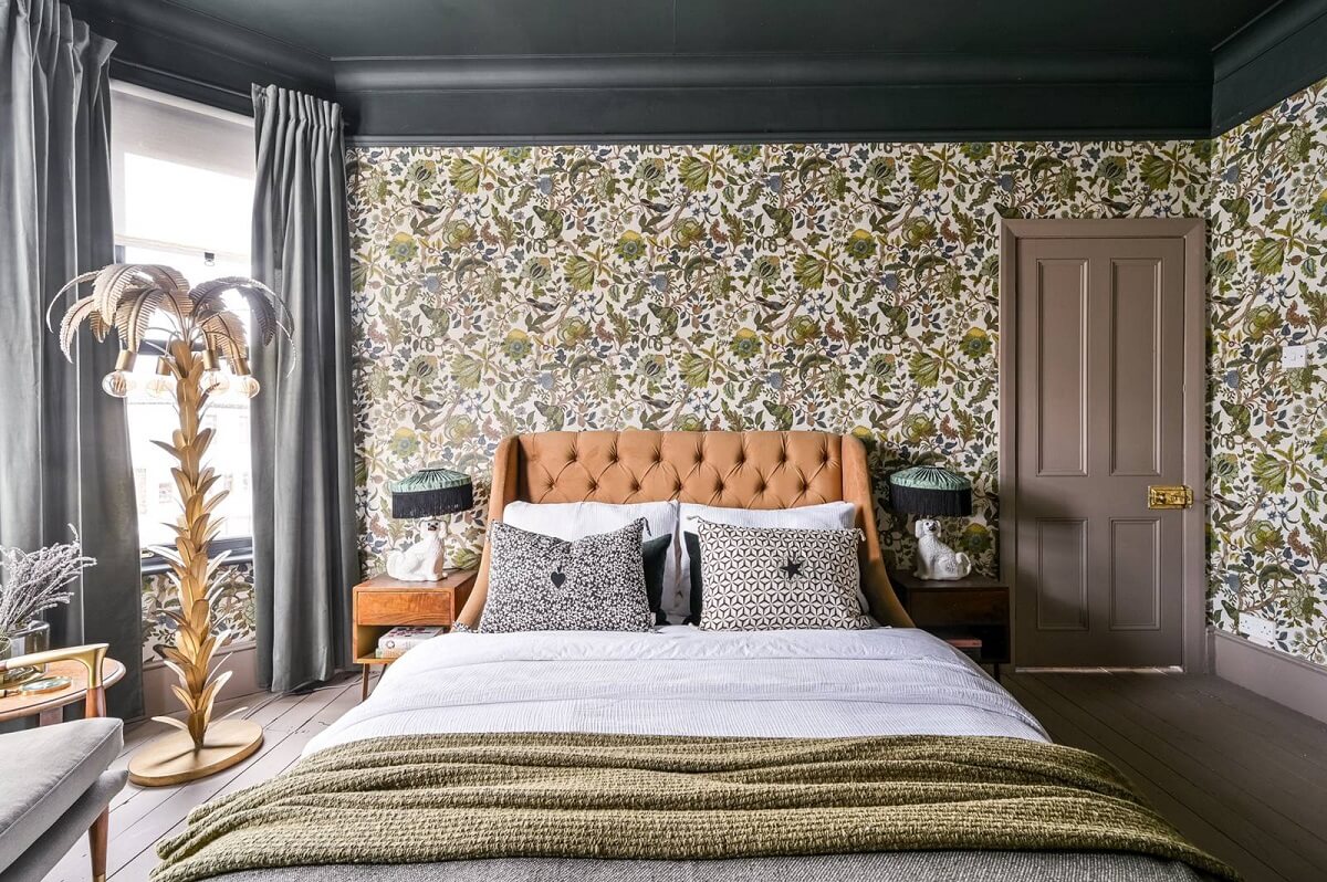 An Eclectic Victorian Townhouse in London 11 bedroom-gray-painted-ceiling-botanical-wallpaper-nordroom