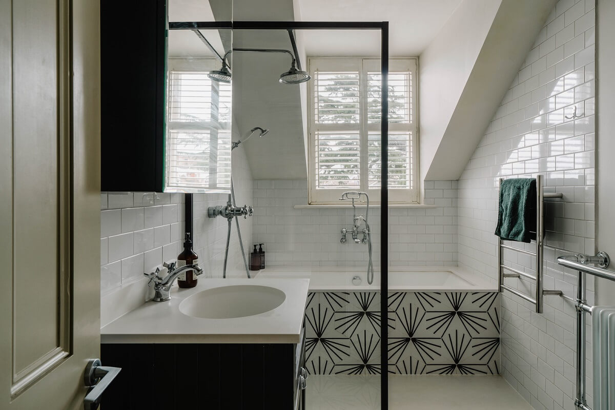Colorful Walls in an English Victorian Townhouse 23 black and white bathroom with shower and bath nordroom