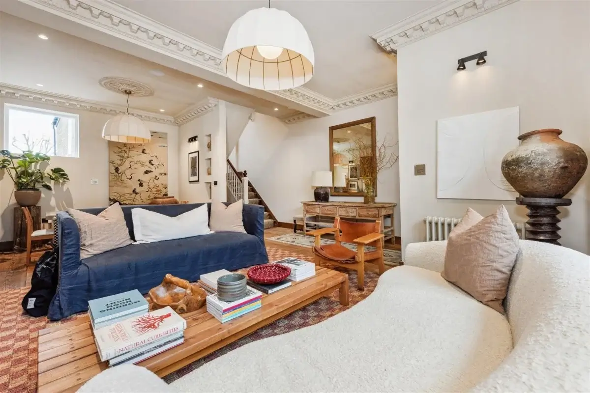 Modern Rustic Interiors in an Edwardian House in London 6 blue and cream sofa modern rustic living room