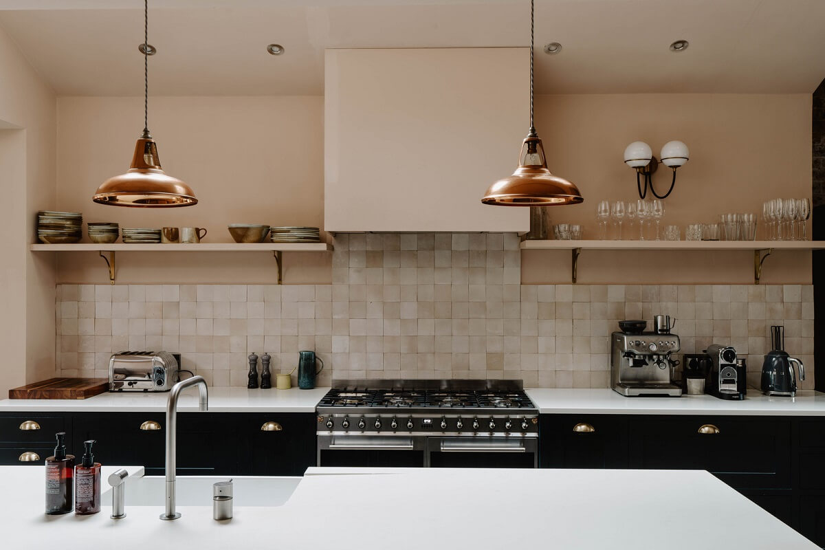 Colorful Walls in an English Victorian Townhouse 8 dark blue kitchen cabinets zellige tile backsplash display shelf nordroom